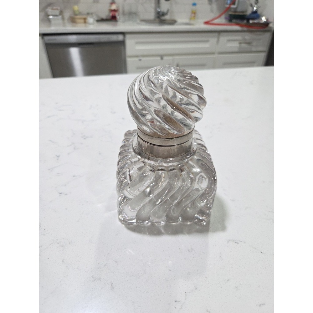 Antique Large Inkwell with Ribbed Swirling Glass- Baccarat Style Inkwell